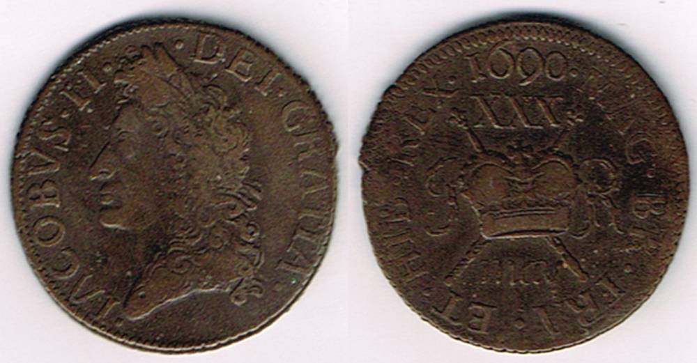James II 'Gunmoney' halfcrown (small), 1690 May. and may at Whyte's Auctions