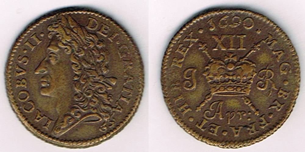 James II 'Gunmoney' shilling (large), 1690 Apr: at Whyte's Auctions