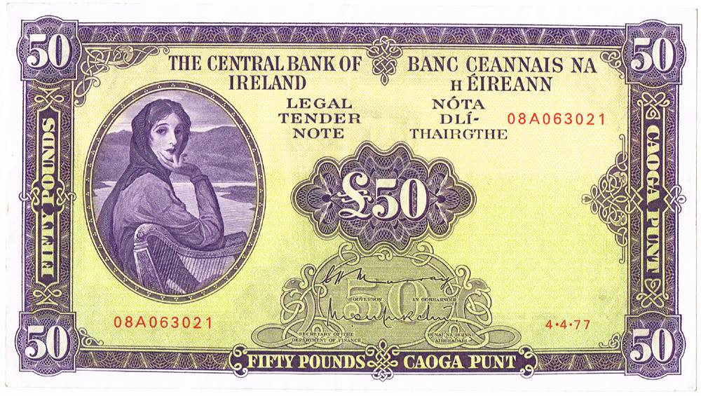 Central Bank 'Lady Lavery' Fifty Pounds, 4-4-77, a sequential pair. at Whyte's Auctions