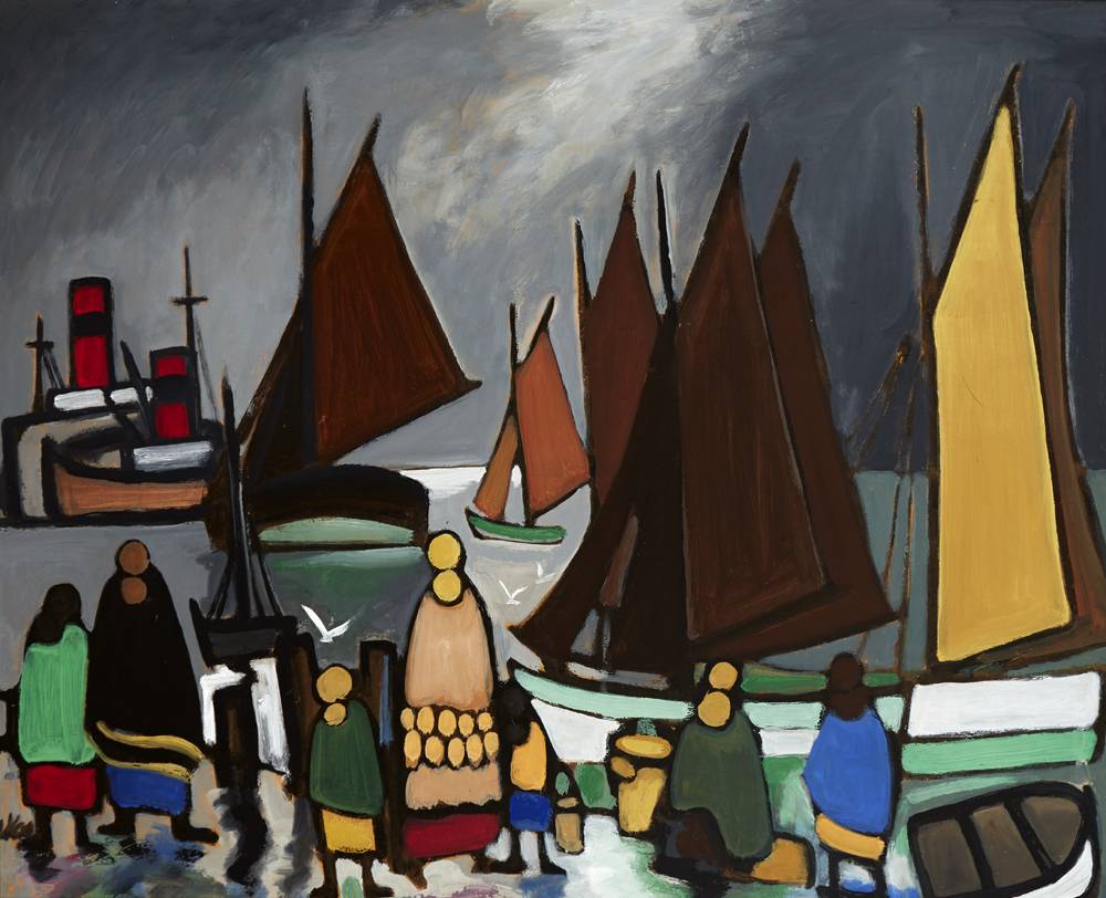 HARBOUR SCENE WITH WOMEN AND CHILDREN WATCHING THE BOATS by Markey Robinson sold for 13,000 at Whyte's Auctions