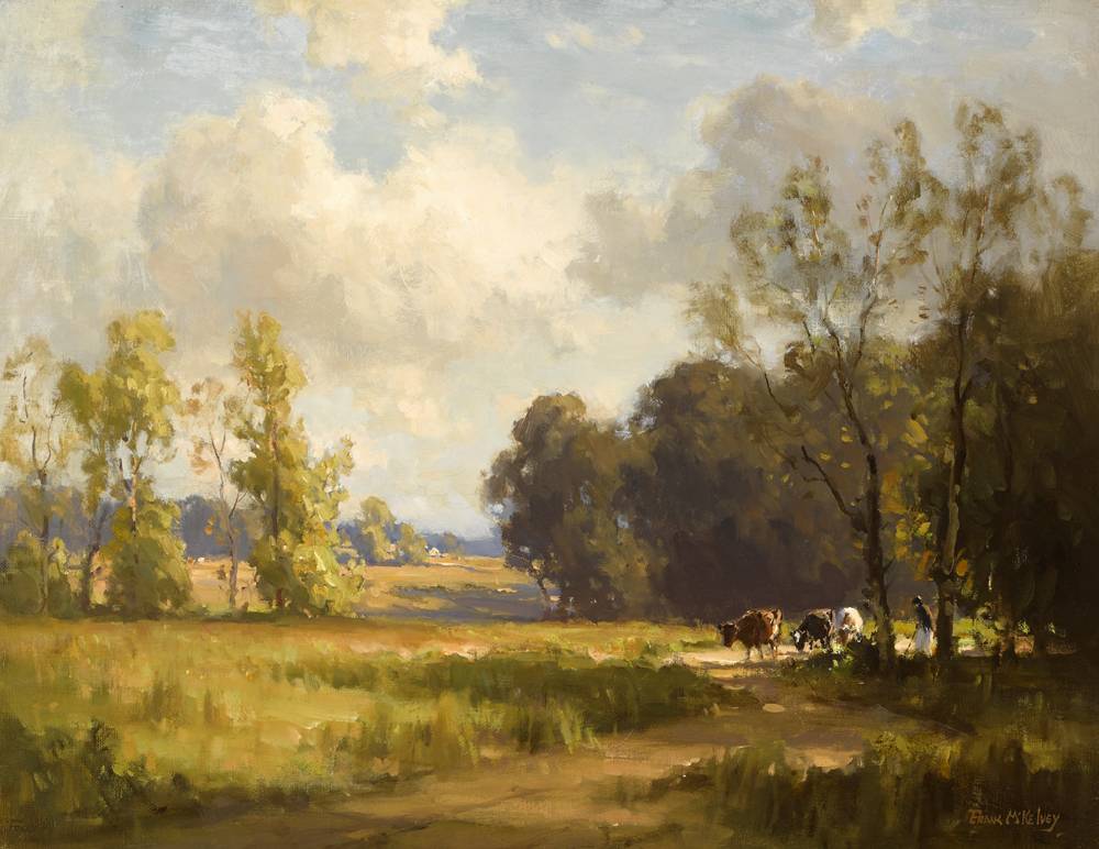 FIGURE WITH CATTLE IN A LANDSCAPE by Frank McKelvey sold for 4,800 at Whyte's Auctions