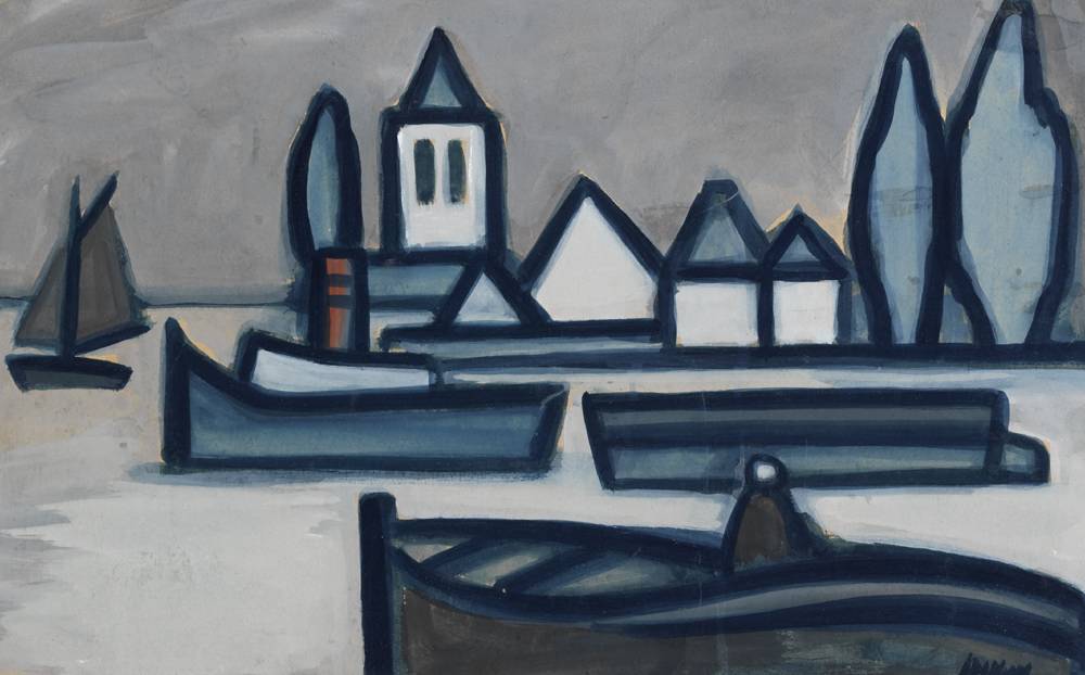 HARBOUR SCENE WITH TUG BOAT by Markey Robinson (1918-1999) at Whyte's Auctions