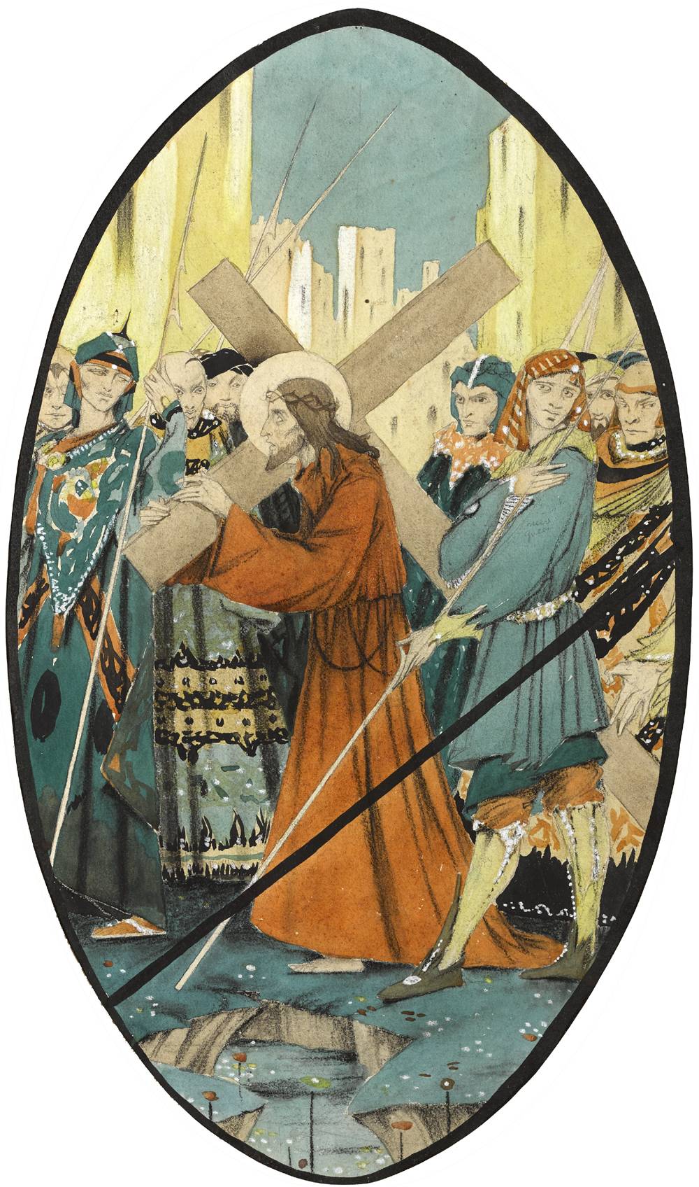 STATIONS OF THE CROSS: JESUS CARRIES HIS CROSS and JESUS FALLS FOR THE FIRST TIME, 1927 by Harry Clarke sold for 7,500 at Whyte's Auctions