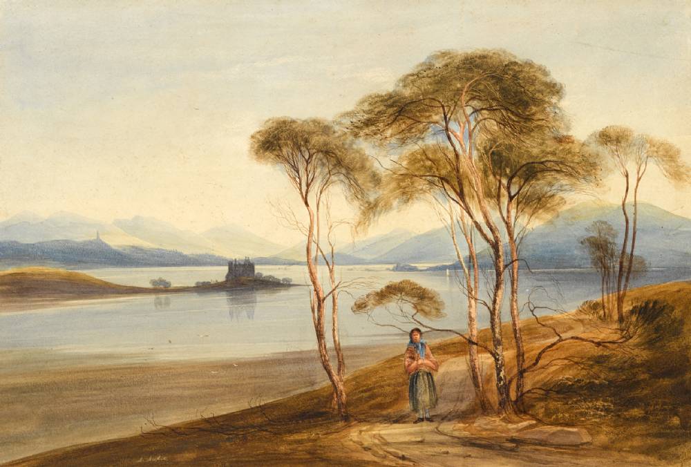 ROSS CASTLE WITH FEMALE FIGURE IN FOREGROUND, KILLARNEY, COUNTY KERRY by Andrew Nicholl RHA (1804-1886) at Whyte's Auctions