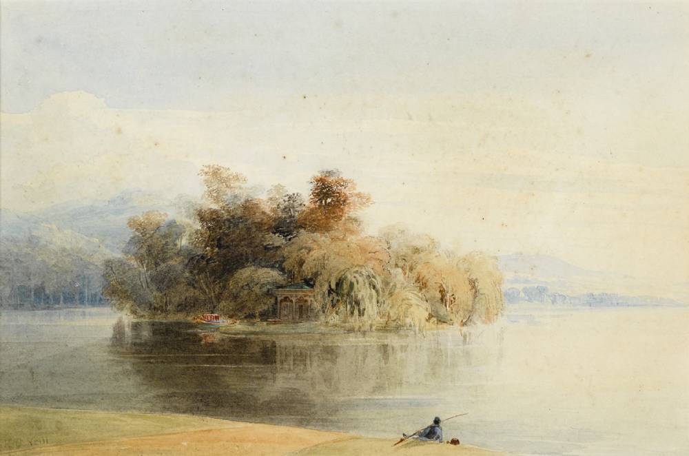 VIEW OF AN ISLAND AND TEMPLE FROM ACROSS WATER, WITH A GENTLEMAN FISHING IN FOREGROUND by Henry O'Neill (1798-1880) (1798-1880) at Whyte's Auctions