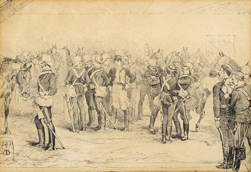 EMBARKATION OF THE 17TH LANCERS FOR ZULULAND - BLINDFOLDING THE HORSES by Lady Elizabeth Butler (1846-1933) at Whyte's Auctions