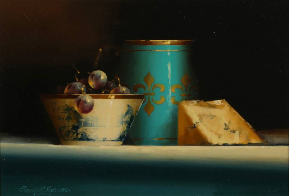 STILL LIFE WITH GRAPES AND BLUE CHEESE, 2012 by David Ffrench le Roy (b.1971) at Whyte's Auctions