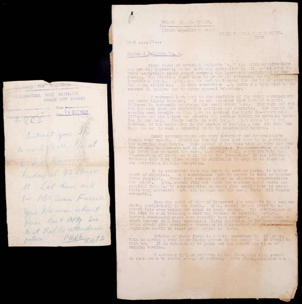 October - November 1922, Oglaigh na h-Eireann, handwritten general orders and Official Bulletins. at Whyte's Auctions