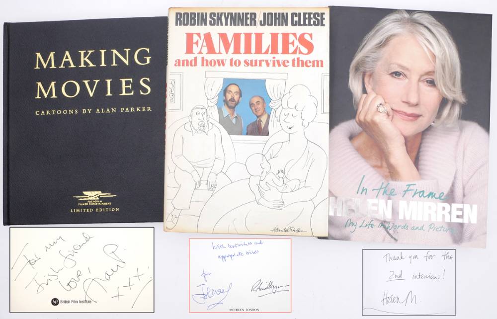 John Cleese, Helen Mirren and Alan Parker a collection of autographed books. 