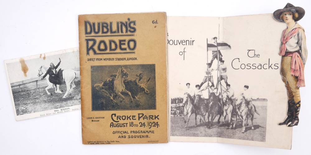 1924 (18-24 August) Dublin's Rodeo, programme, postcard and advertising cut-out of Bea Kiernan, trick rider. at Whyte's Auctions