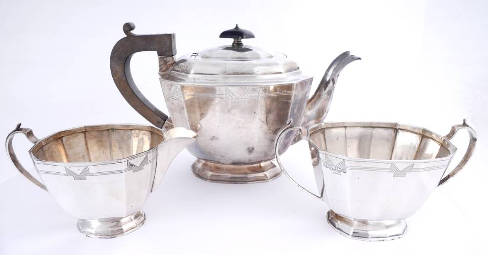 An Art Deco silver three-piece tea service. at Whyte's Auctions