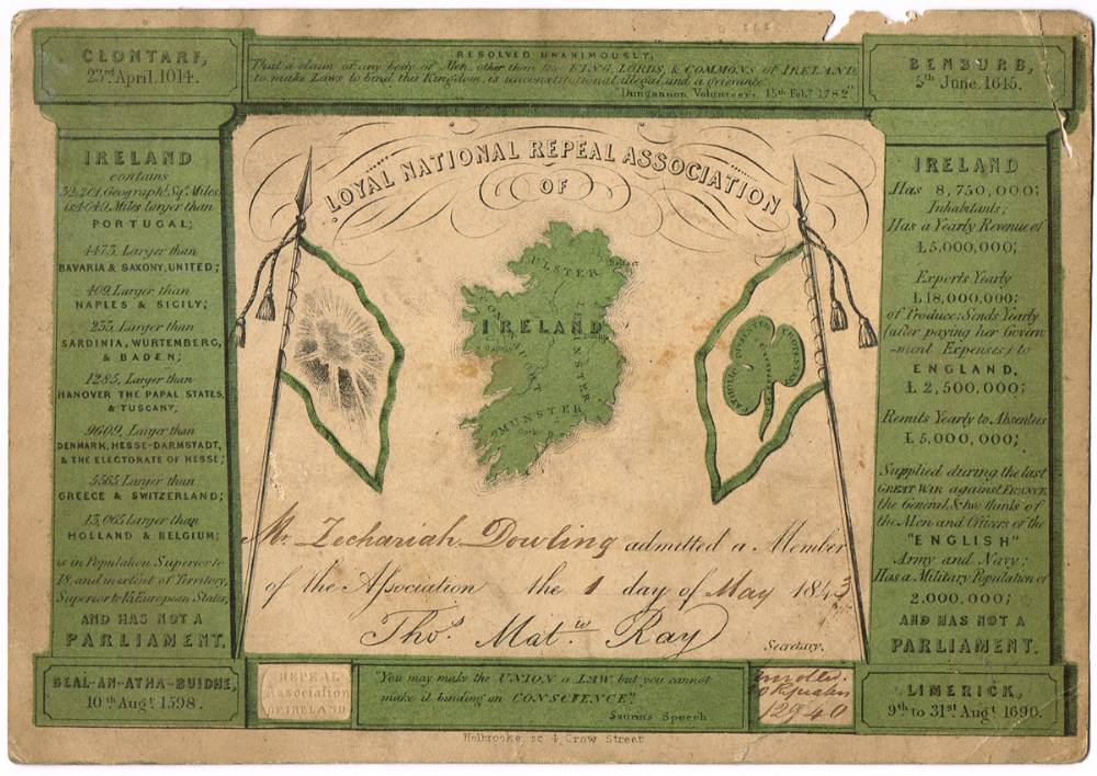 1843 Loyal National Repeal Association of Ireland, membership certificate. at Whyte's Auctions