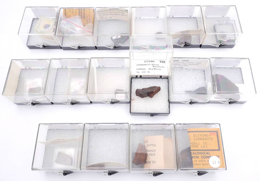 Meteorites, collection of sixteen stone type meteorite samples, including a Martian sample. at Whyte's Auctions