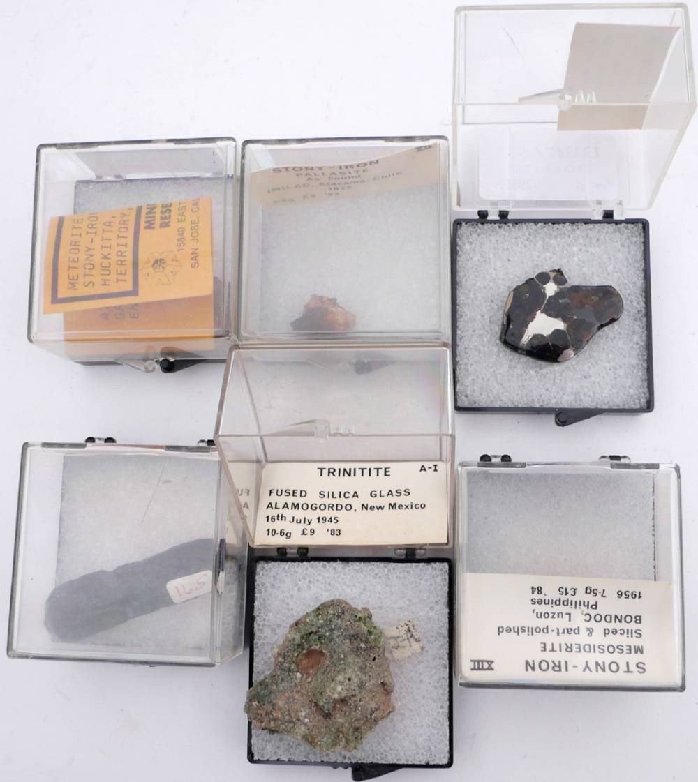 Meteorites, collection of four stony-iron type meteorite samples and tektite and trinitite samples. at Whyte's Auctions