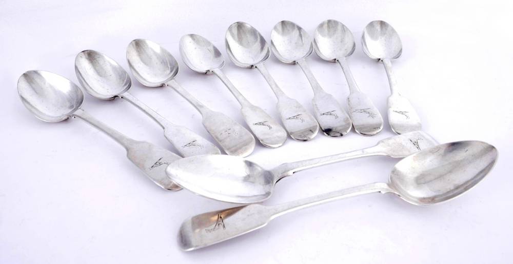 A set of ten William IV Irish silver fiddle-pattern rattail dessert spoons, by James La Bas. at Whyte's Auctions