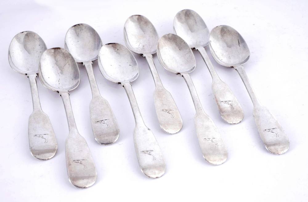 A set of eight Victorian Irish silver fiddle-pattern, rattail teaspoons, by James Le Bas. at Whyte's Auctions