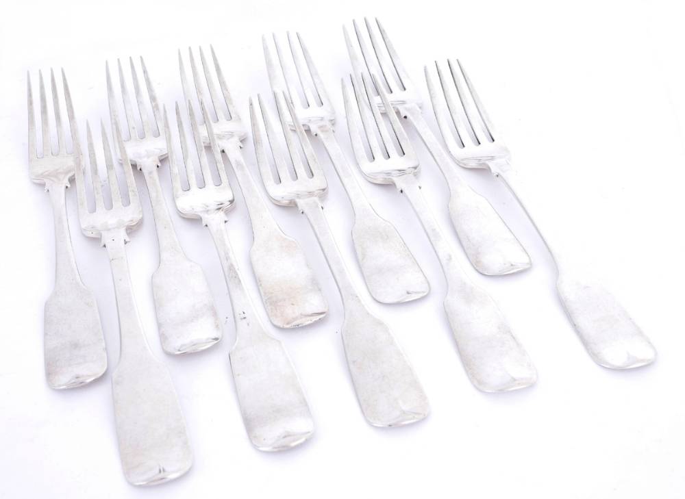 A matched set of ten Irish silver fiddle pattern dessert forks. at Whyte's Auctions