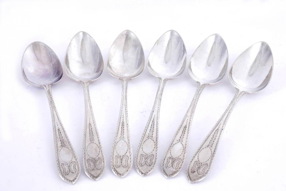 Six George III Irish silver brightcut dessert spoons. at Whyte's Auctions