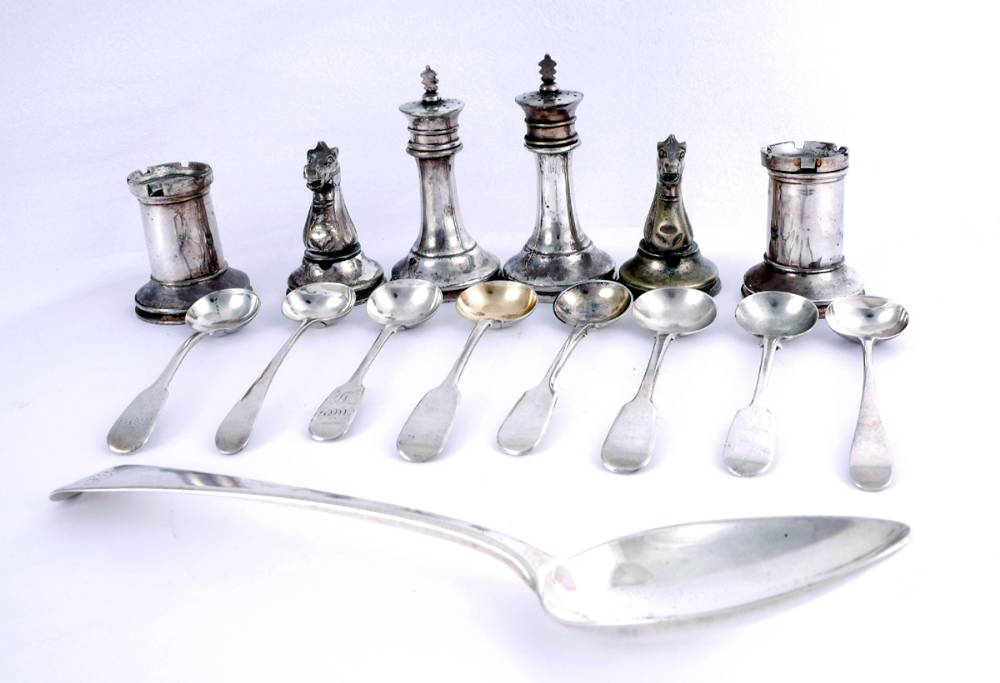 Georgian silver spoons and a double set of silver plated cruets  in the form of chessmen. at Whyte's Auctions