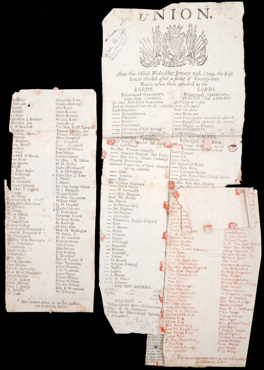 1799 (Jamuary 23) A printed tally of the vote rejecting the proposed Act of Union. at Whyte's Auctions