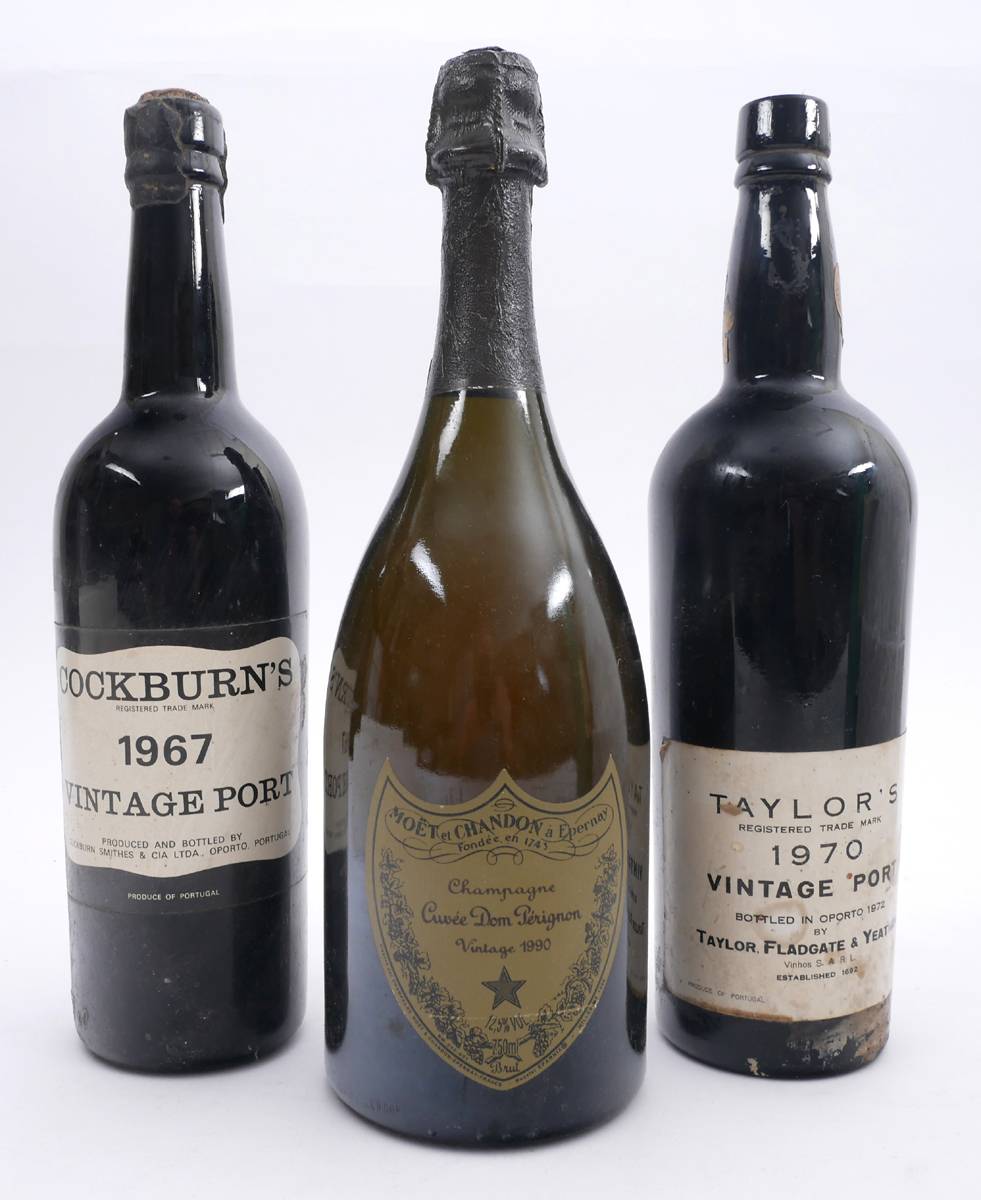 Dom Perignon, 1990, Cockburn's 1967 and Taylor's 1970. at Whyte's Auctions