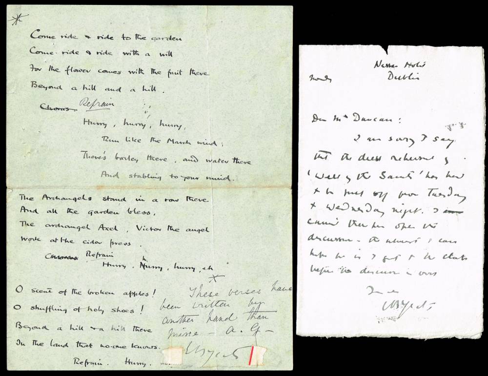 Yeats, William Butler, signed autograph letter to Ellen Duncan and Lady Agusta Gregory's 'The Rider's Song'. at Whyte's Auctions