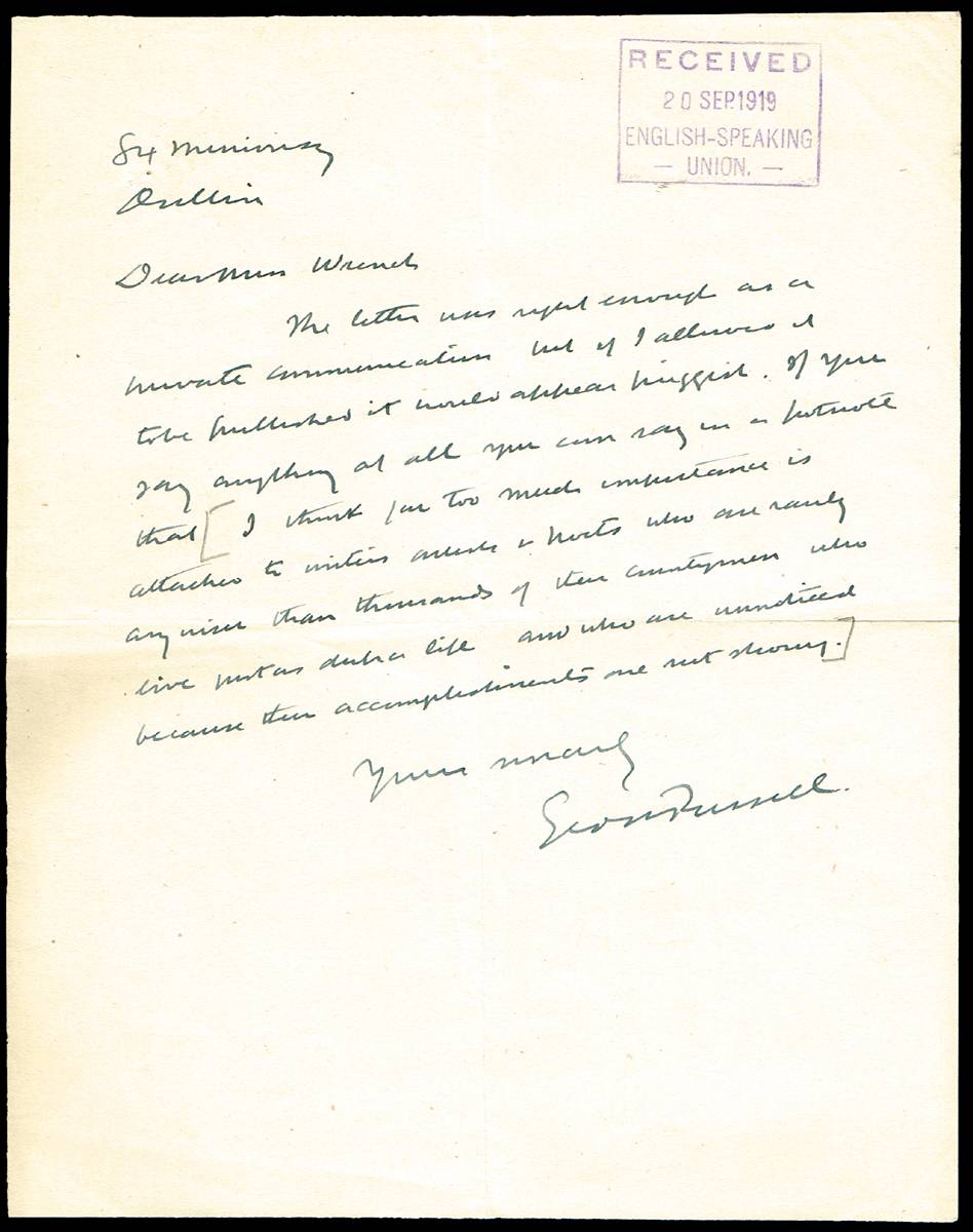 Russell, George ('AE') signed autograph letter and four letters by literary and public figures. at Whyte's Auctions