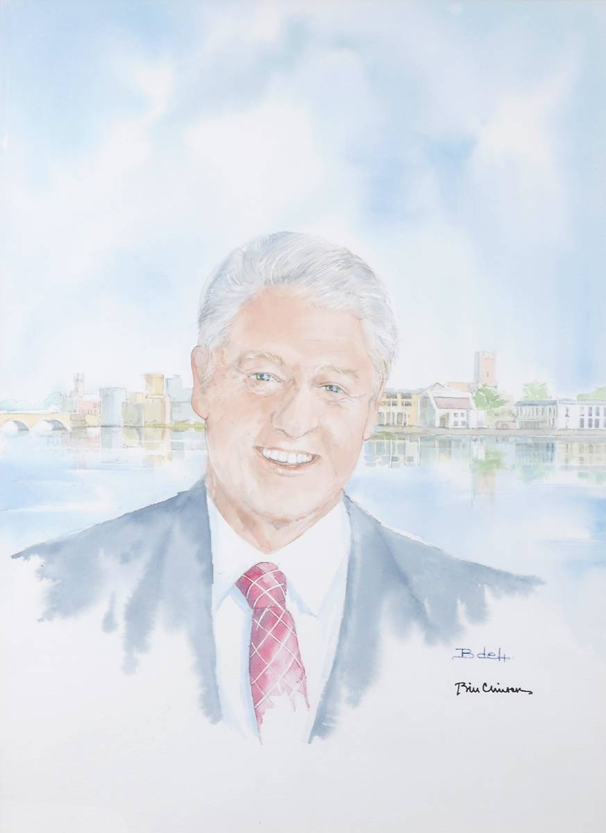 Bill Clinton by Barbara Hartigan, watercolour portrait signed by the artist and sitter. at Whyte's Auctions