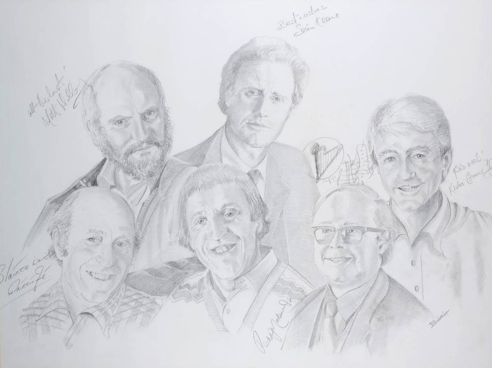The Chieftans by Barbara Hartigan, pencil group portrait signed by the artist and sitters. at Whyte's Auctions