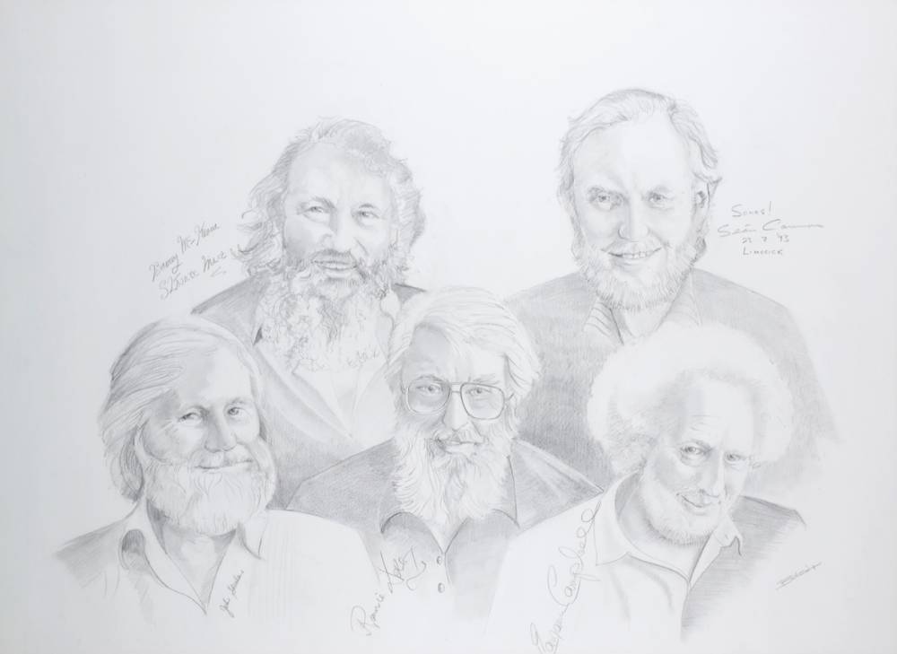 The Dubliners by Barbara Hartigan, pencil group portrait signed by the artist and sitters. at Whyte's Auctions