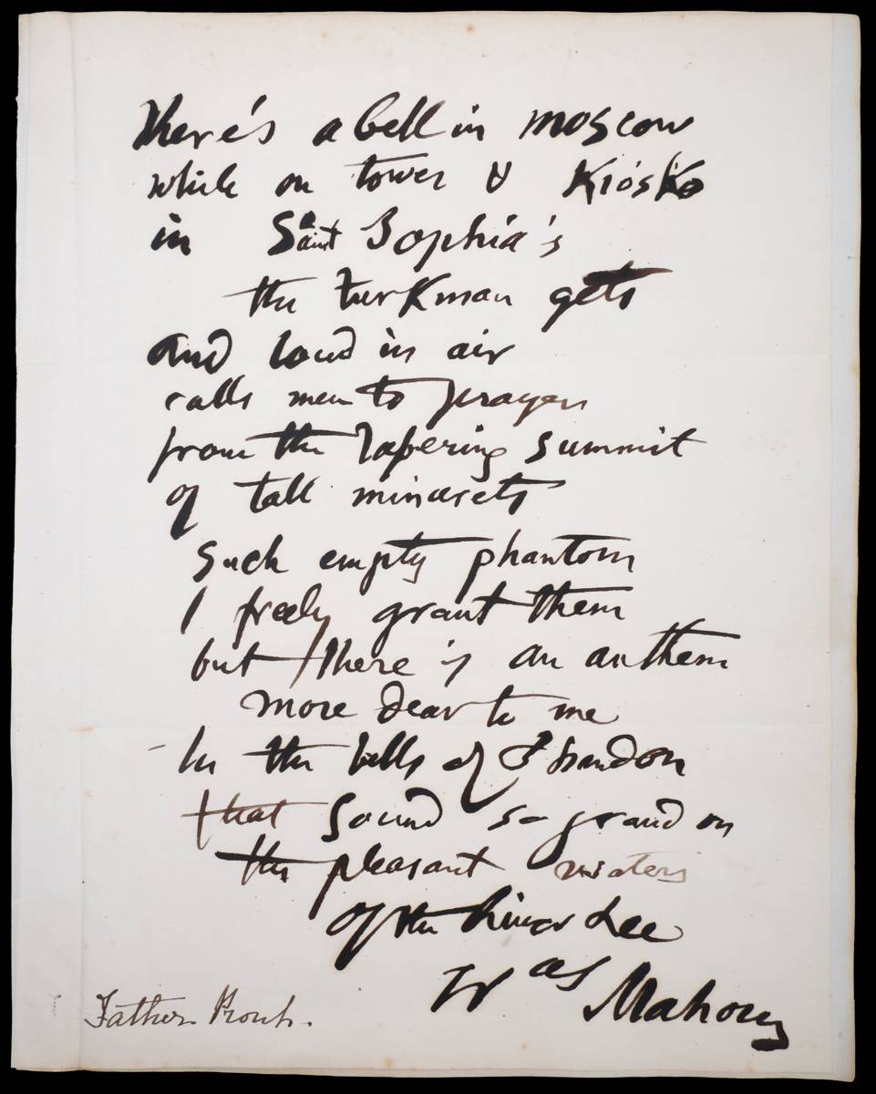 1855 Francis Sylvester Mahony (Fr Prout) autograph final verse of his poem The Bells of Shandon, correcting a long-standing error. at Whyte's Auctions