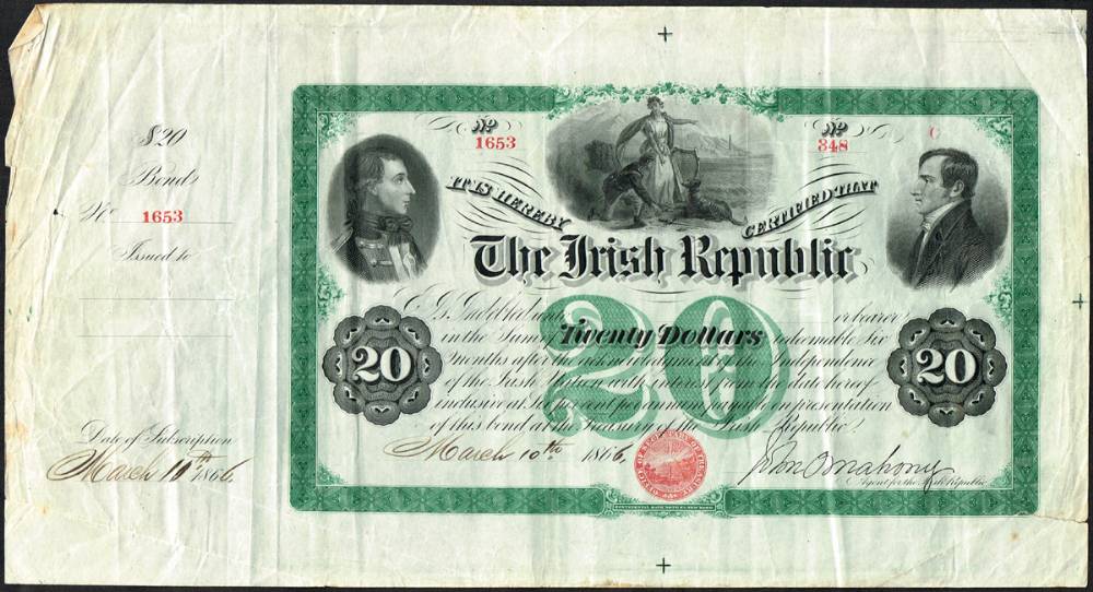 1866-67 Irish Republic Twenty Dollars 'Fenian Bond'. at Whyte's Auctions