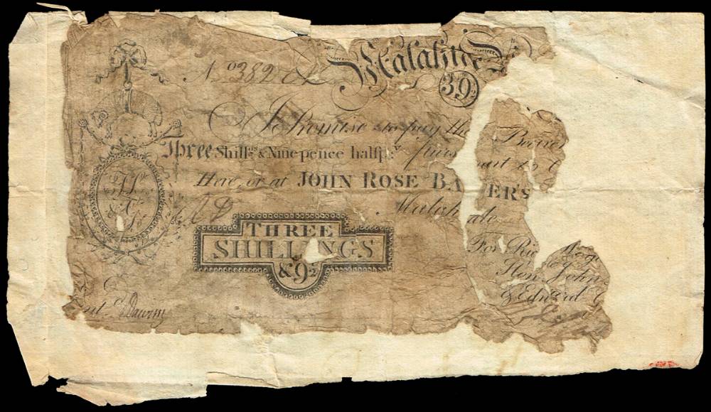Malahide Bank silver note for Three Shillings & Ninepence Halfpenny, circa 1803. at Whyte's Auctions