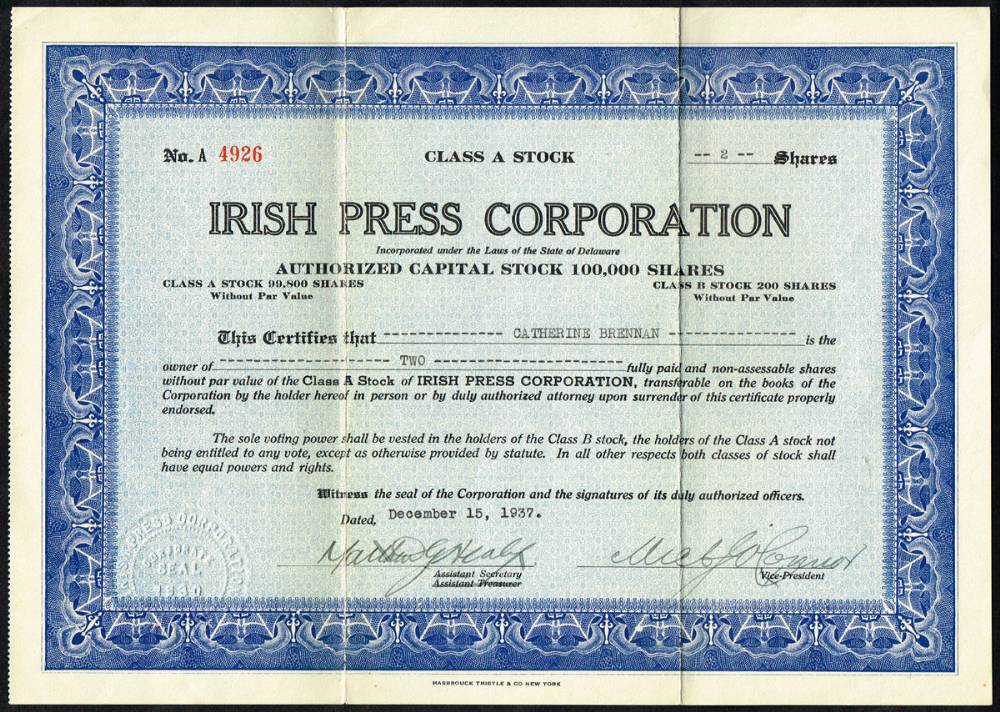 1937 Irish Press Corporation, Class 'A' Stock, share certificate. at Whyte's Auctions