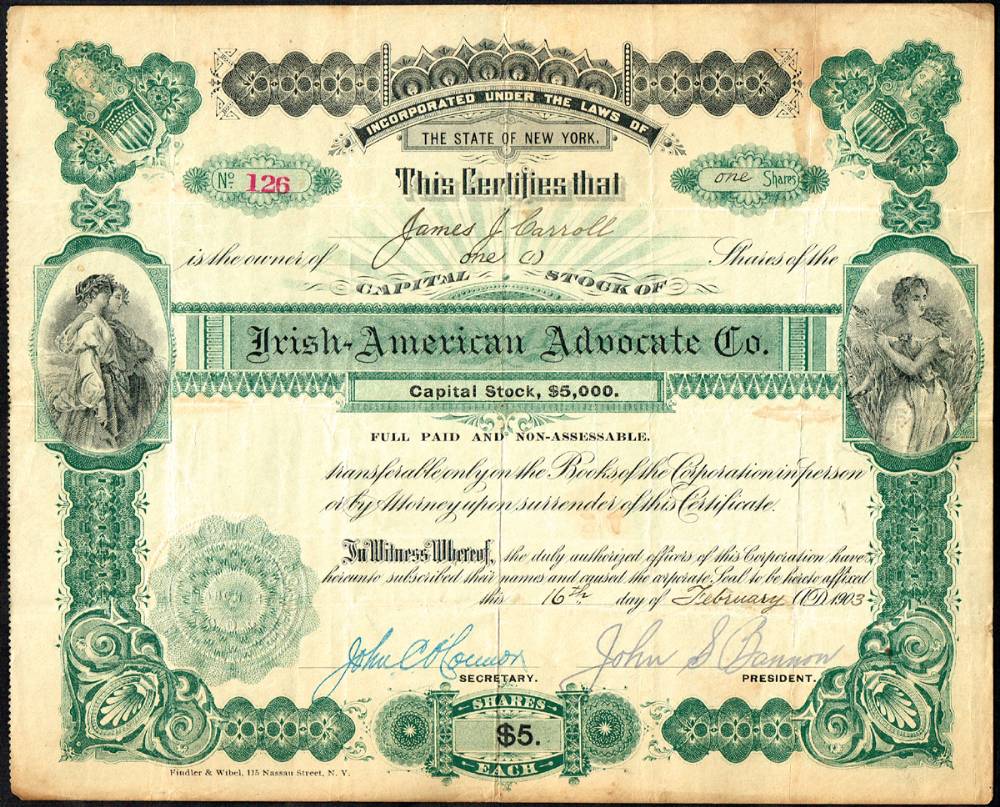 1903, Irish-American Advocate Company stock certificate. at Whyte's Auctions