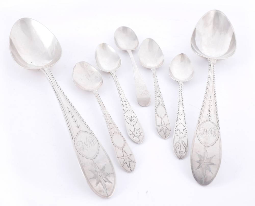 A pair of George III Irish silver tablespoons, by John Pittar and five various Irish silver teaspoons. at Whyte's Auctions