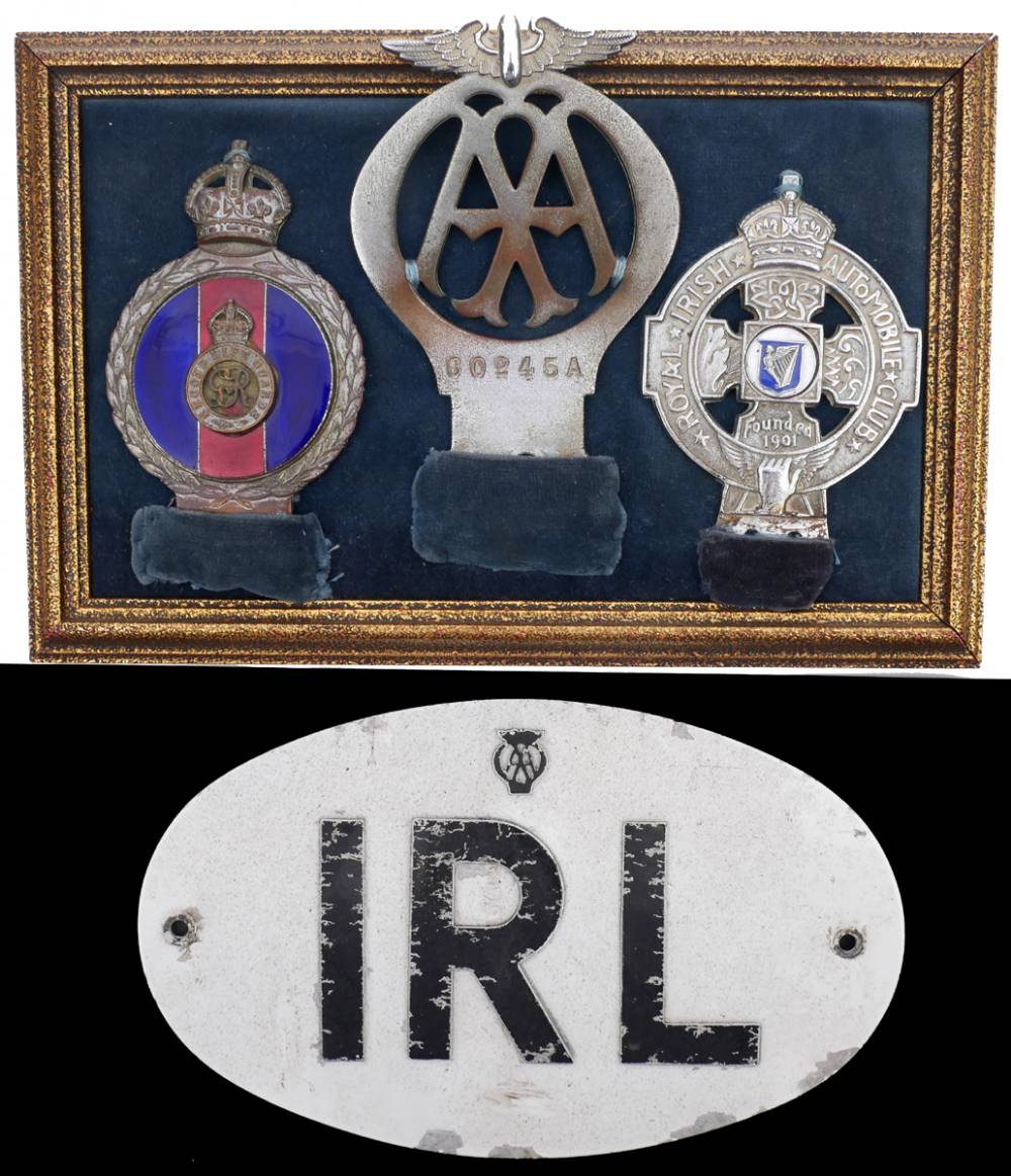 Royal Irish Automobile Club badge, Automobile Association badge, Life Guards car badge and an Irish Touring Plate. at Whyte's Auctions