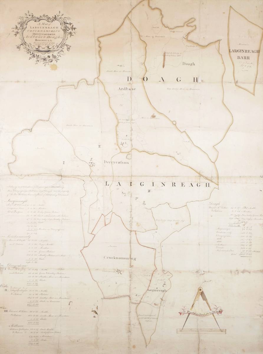 1702 Donegal, manuscript map of Larginreagh, Crucknamurlug, Derrycassans, Ardbane and Doagh, in Rossgull, by David McCool. at Whyte's Auctions