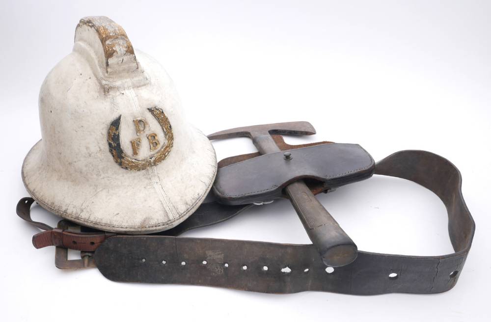 Mid 20th century Dublin Fire Brigade, Station Officer's white fire helmet and fire axe. at Whyte's Auctions