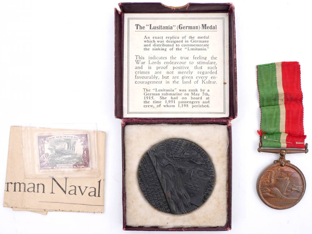 1915 (7 May) British propaganda medal to commemorate the sinking of RMS Lusitania, with a 1914-1918 Mercantile Marine medal at Whyte's Auctions