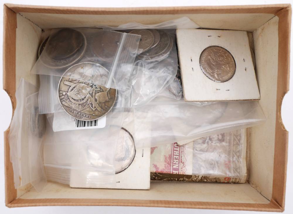 Mixed lot of coins and notes, also Crimean War medal. at Whyte's Auctions
