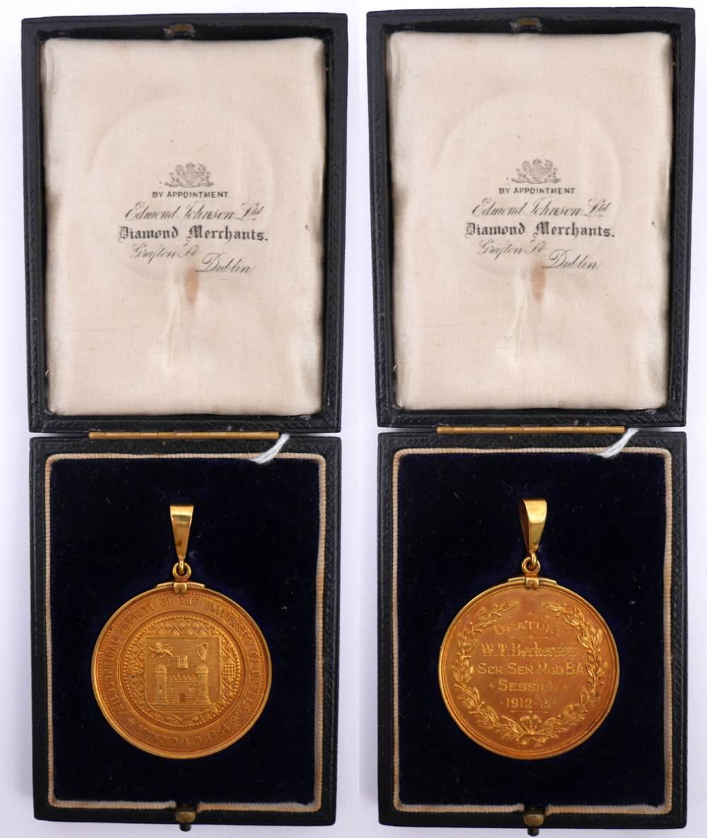 Trinity College Dublin, Philosophical Society gold award medal for Oratory, 1912-1913. at Whyte's Auctions