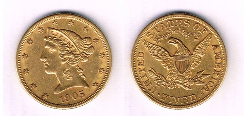 USA. Gold five dollars, 1905, and two forgeries of gold dollar, 1853. at Whyte's Auctions