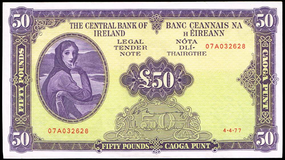 Central Bank 'Lady Lavery' Fifty Pounds, sequential pair, 4-4-77. at Whyte's Auctions