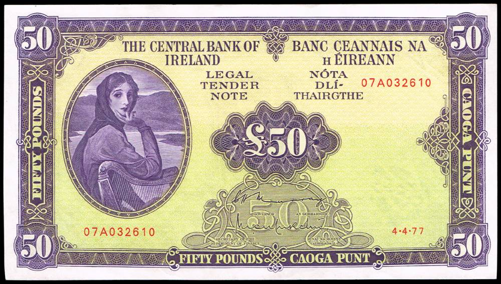Central Bank 'Lady Lavery' Fifty Pounds, sequential pair, 4-4-77. at Whyte's Auctions