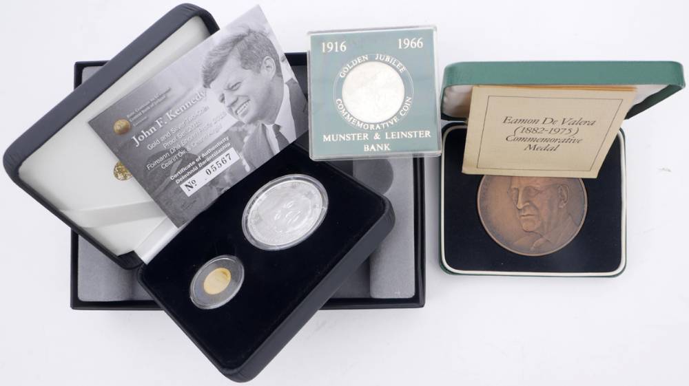Eamon de Valera. Padraig Pearse and John F. Kennedy commemorative medals and coins. (4) at Whyte's Auctions