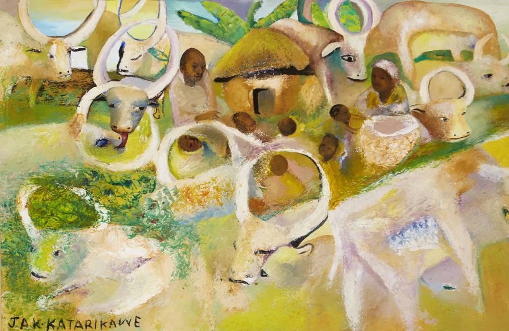 VILLAGE WITH CATTLE by Jak Katarikawe (Ugandan, b. circa 1940) at Whyte's Auctions