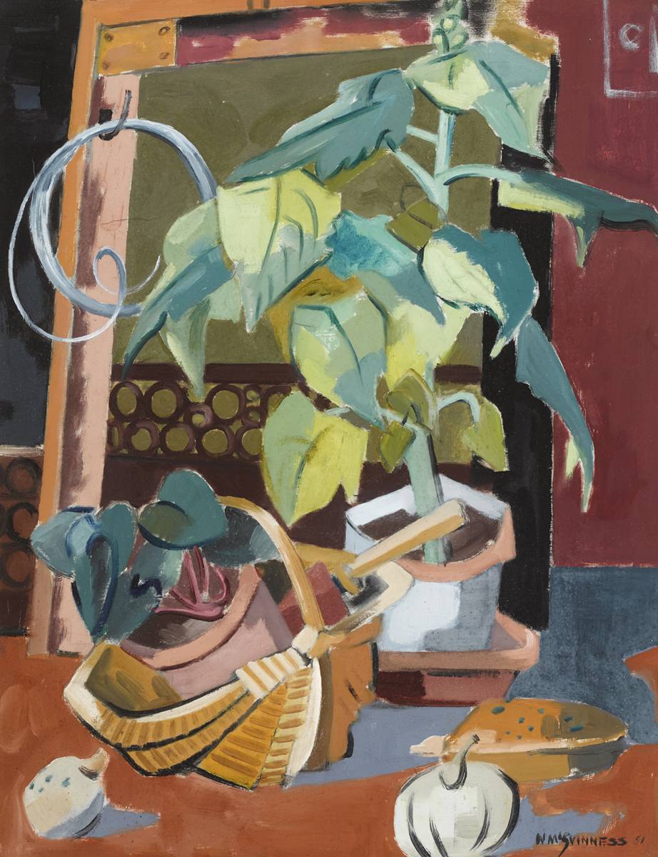 STILL LIFE WITH BASKET AND PLANT, 1951 by Norah McGuinness HRHA (1901-1980) at Whyte's Auctions