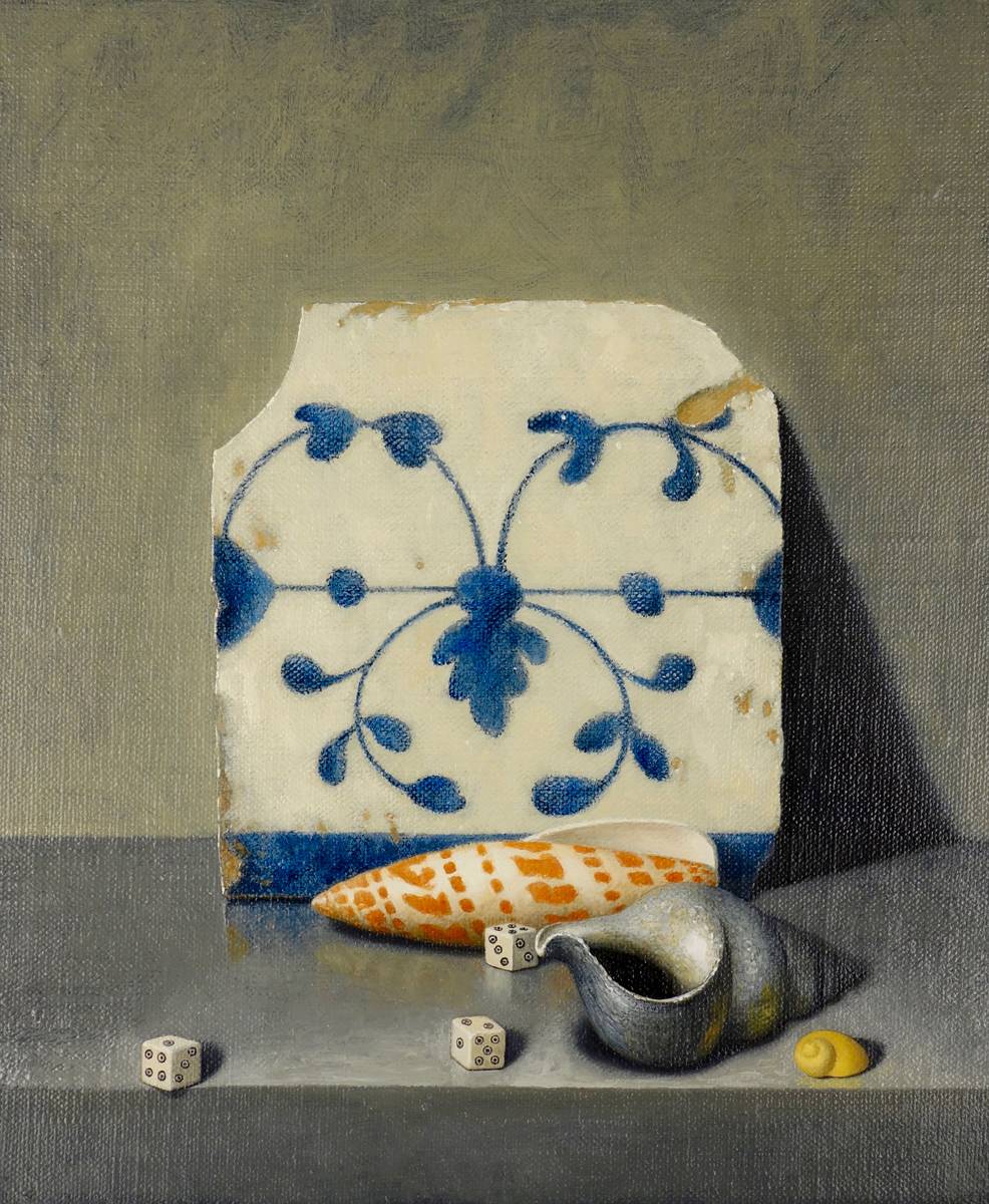STILL LIFE WITH PORTUGUESE TILE AND SHELLS, 2018 by Stuart Morle (b.1960) at Whyte's Auctions