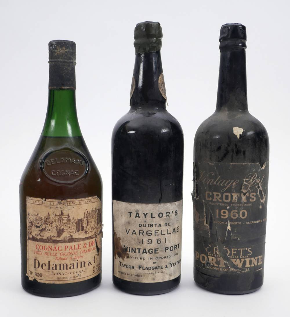 Delamain Champagne Cognac, one bottle and two bottles of vintage port. at Whyte's Auctions
